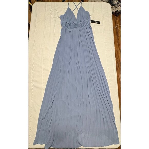 Lulus Dusty Blue Pleated Maxi Dress With Crisscross Back V-Neck New Women's S - Picture 3 of 12